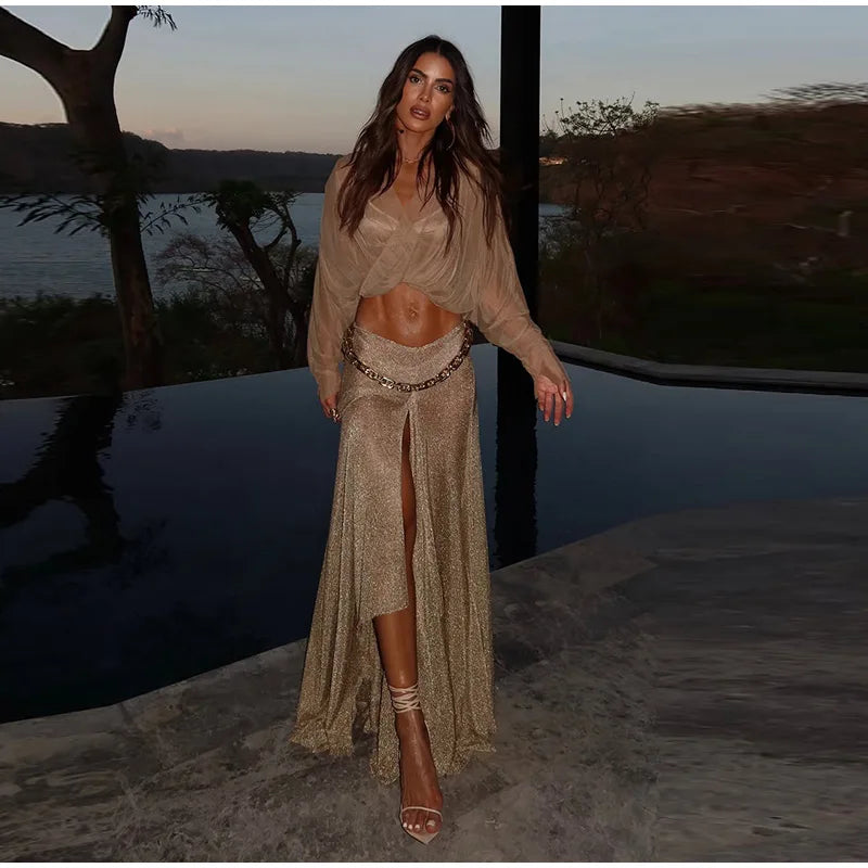 Sexy Women's Solid Top Long Skirt Set V-neck Batwing Full Sleeve Cross Crop Tops Chain Slit Skirts 2026 Summer Lady Beach Suit
