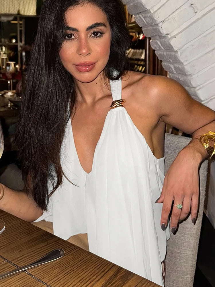 Nibber Elegant Metal Trim Tank Tops Woman Mesh Patchwork Halter Low-Neck Backless Ruched Ruffles Decoration 2026 New Style Vests