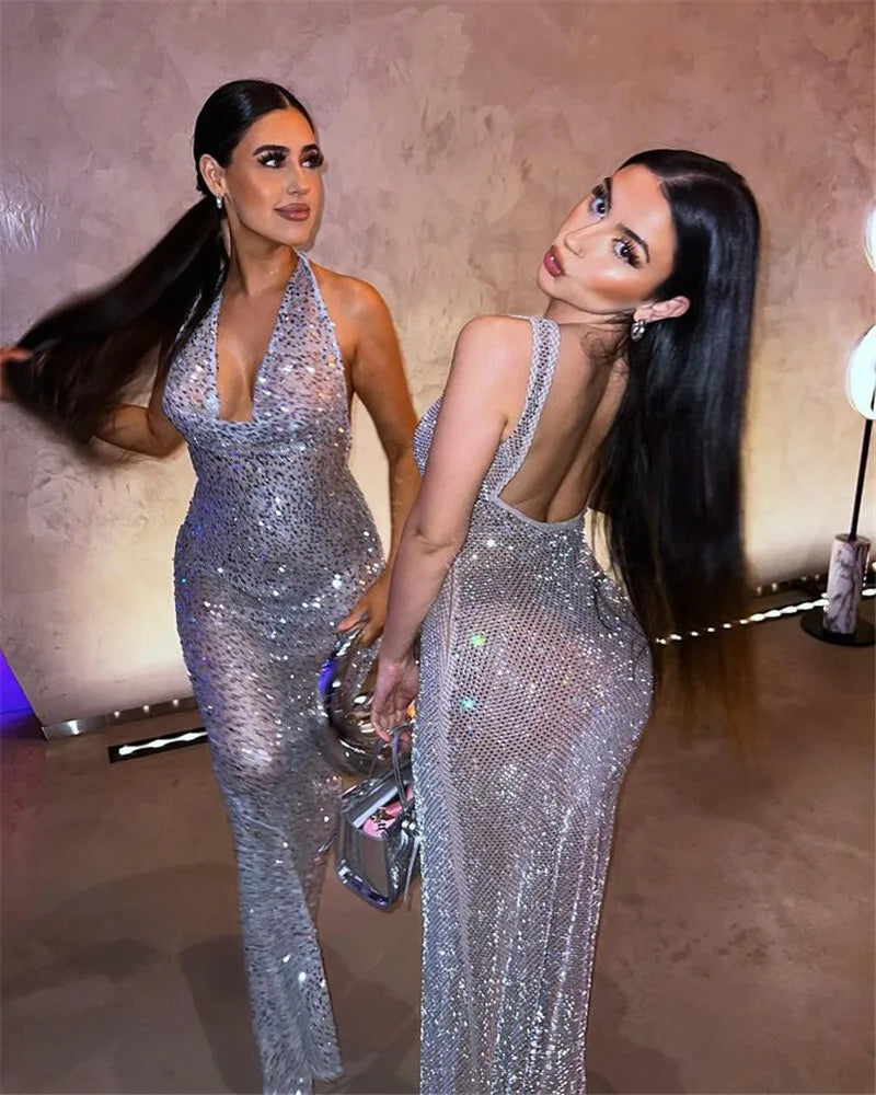 V Neck Sleeveless Glitter Long Dress