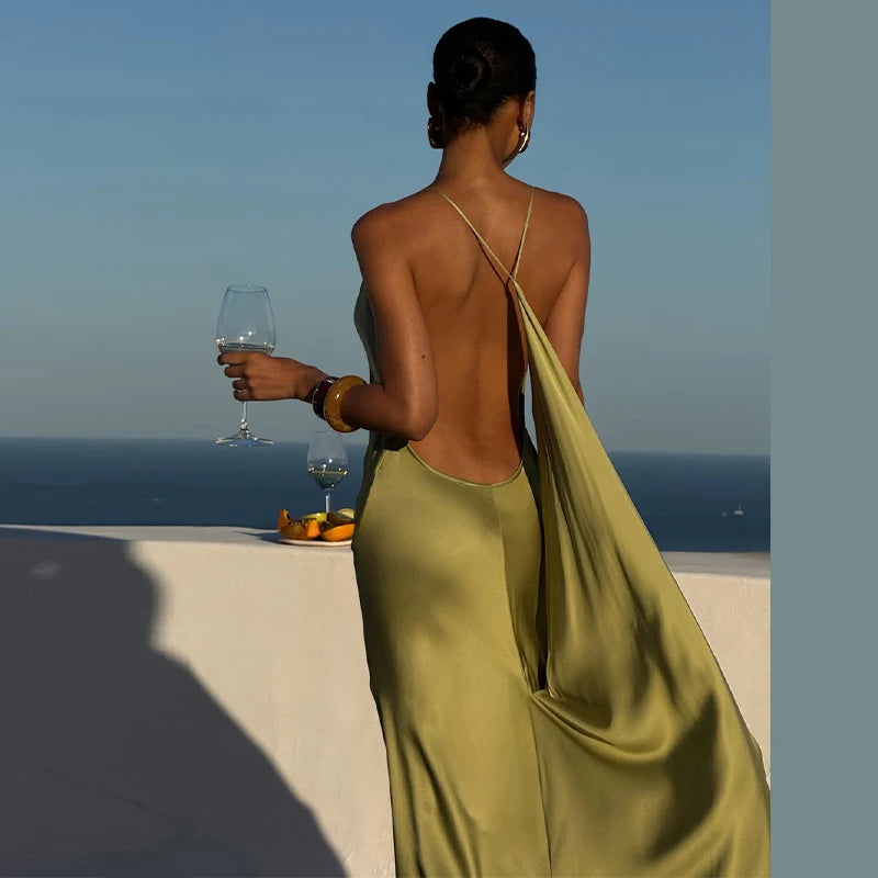 Sexy Women's Satin Solid Long Dress Swing Collar Sleeveless Backless Spaghetti Strap Slit Dresses 2026 Summer Evening Lady Robes