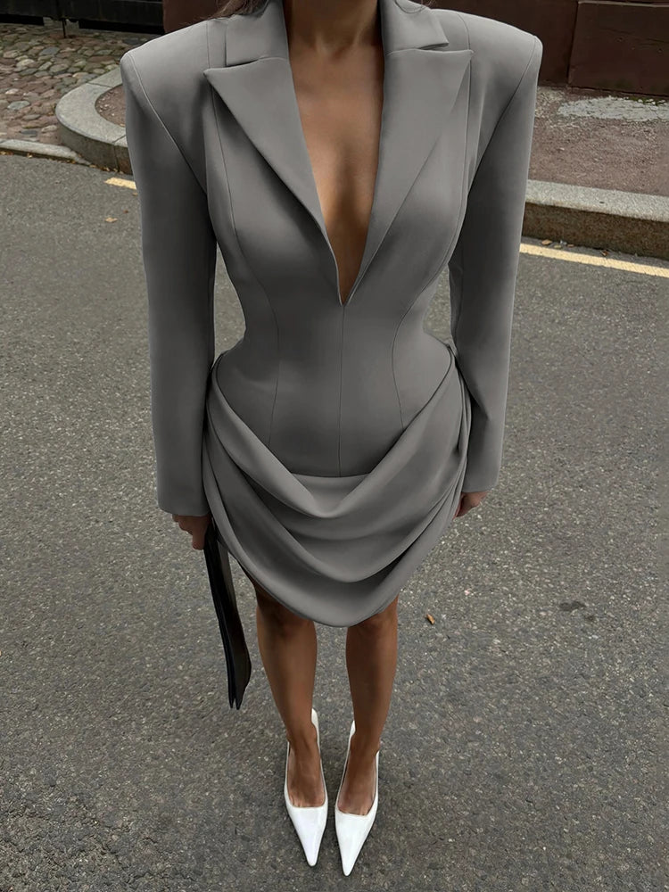 Nibber Office Dress Women Lapel Irregular Hem Full Sleeve Skinny Solid Simple Classic Elegant Autumn Trend Commute Mini Bodycon