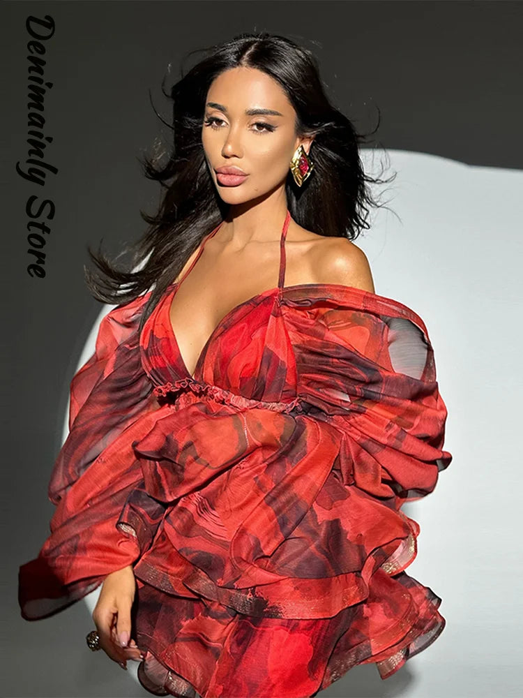 Sexy Print Cascading Ruffles A-line Dress Women Halter Bubble Sleeve Party Short Dresses 2026 Summer Lady Chic Holiday Robes
