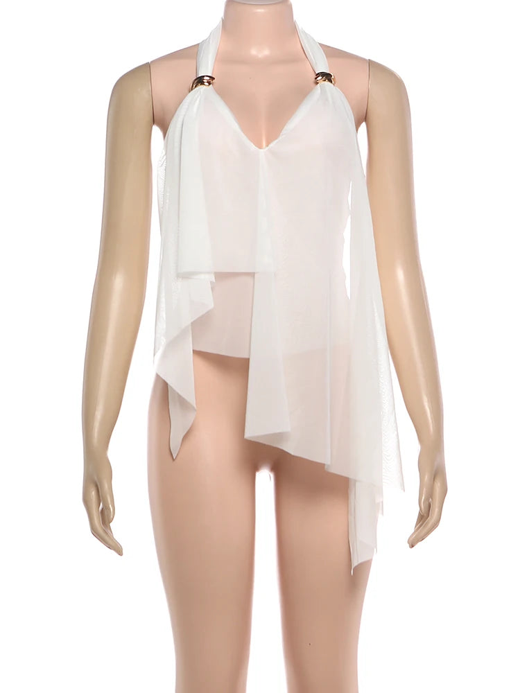 Nibber Elegant Metal Trim Tank Tops Woman Mesh Patchwork Halter Low-Neck Backless Ruched Ruffles Decoration 2026 New Style Vests