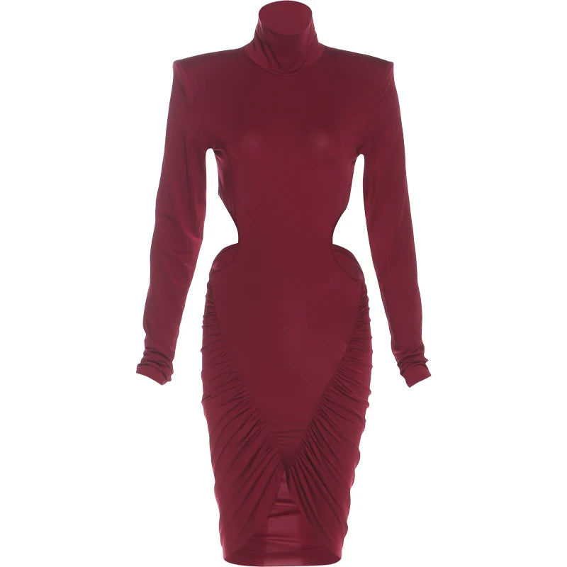 Nibber Hollow Dress Women Turtleneck Ruched Patchwork Full Sleeve Irregular Hem Skinny Stretch Party Club Elegant Mini Bodycon