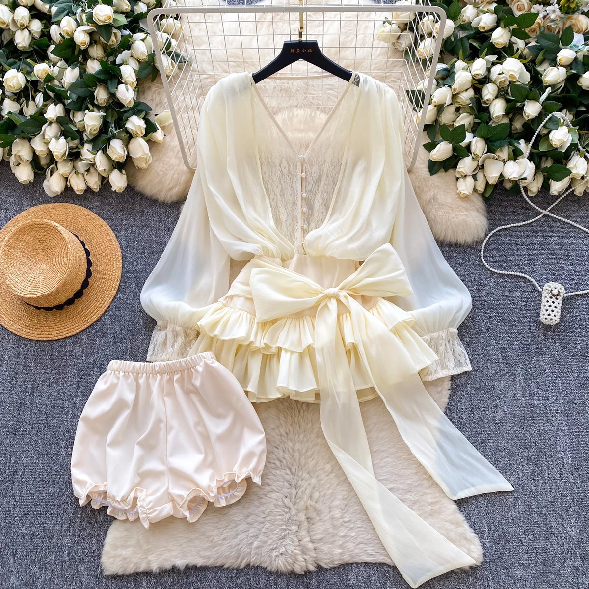 SINGREINY Fairycore Lace Chiffon Dresses With Stretch Shorts Pearl Button Bow Female Ruffles Sheer Seaside Holiday Mini Dress