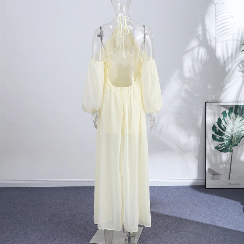 Sexy Halter Backless Party Gowns Women's Yellow Big Hem Off-shoulder Long Dresses 2026 Spring New Ladies Loose Beach Robes