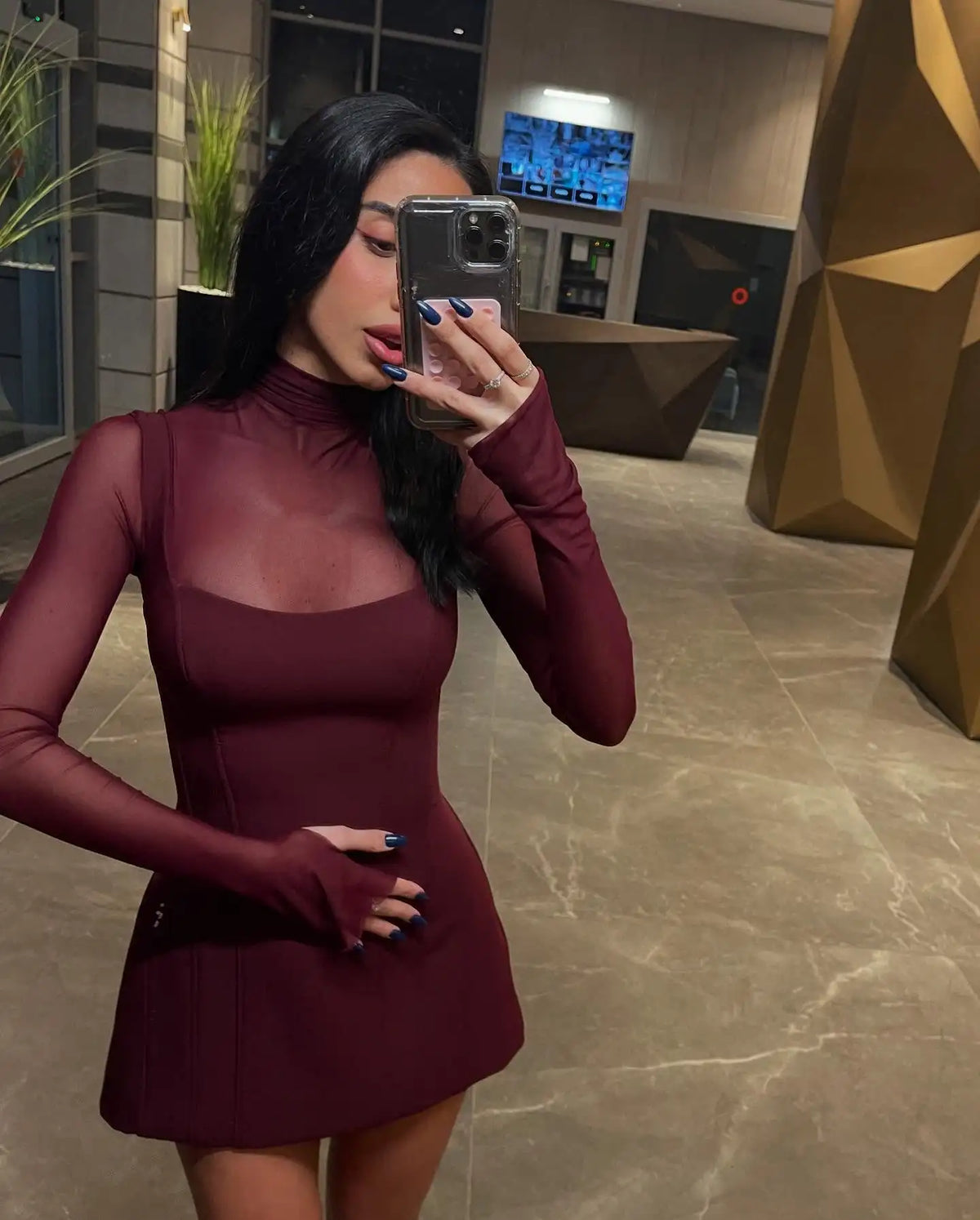 Sexy Women's Burgundy Mini Dress Luxury Turtleneck Transparent Long Sleeve A-line Short Dresses Evening Party Prom Cocktai New