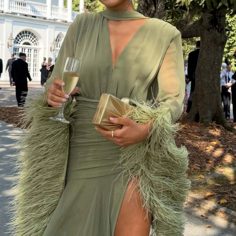Women Elegant Solid Dress 2026 Fall V Neck Long Sleeve Feather Splicing Chiffon High Slit Slim Fit Maxi Dress Formal Party Gown