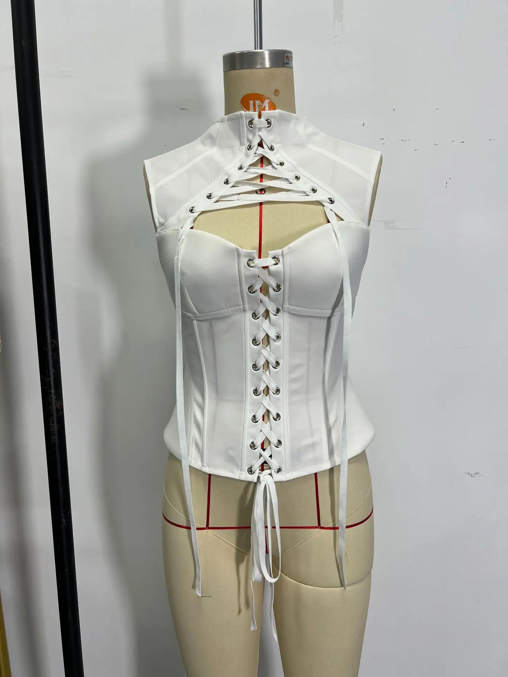 Sexy High Neck Tied Hollow Out Corset Tank Top Women's White Tied Waist Bandage Cross Slimming Fishbone Shaping Club Camisole