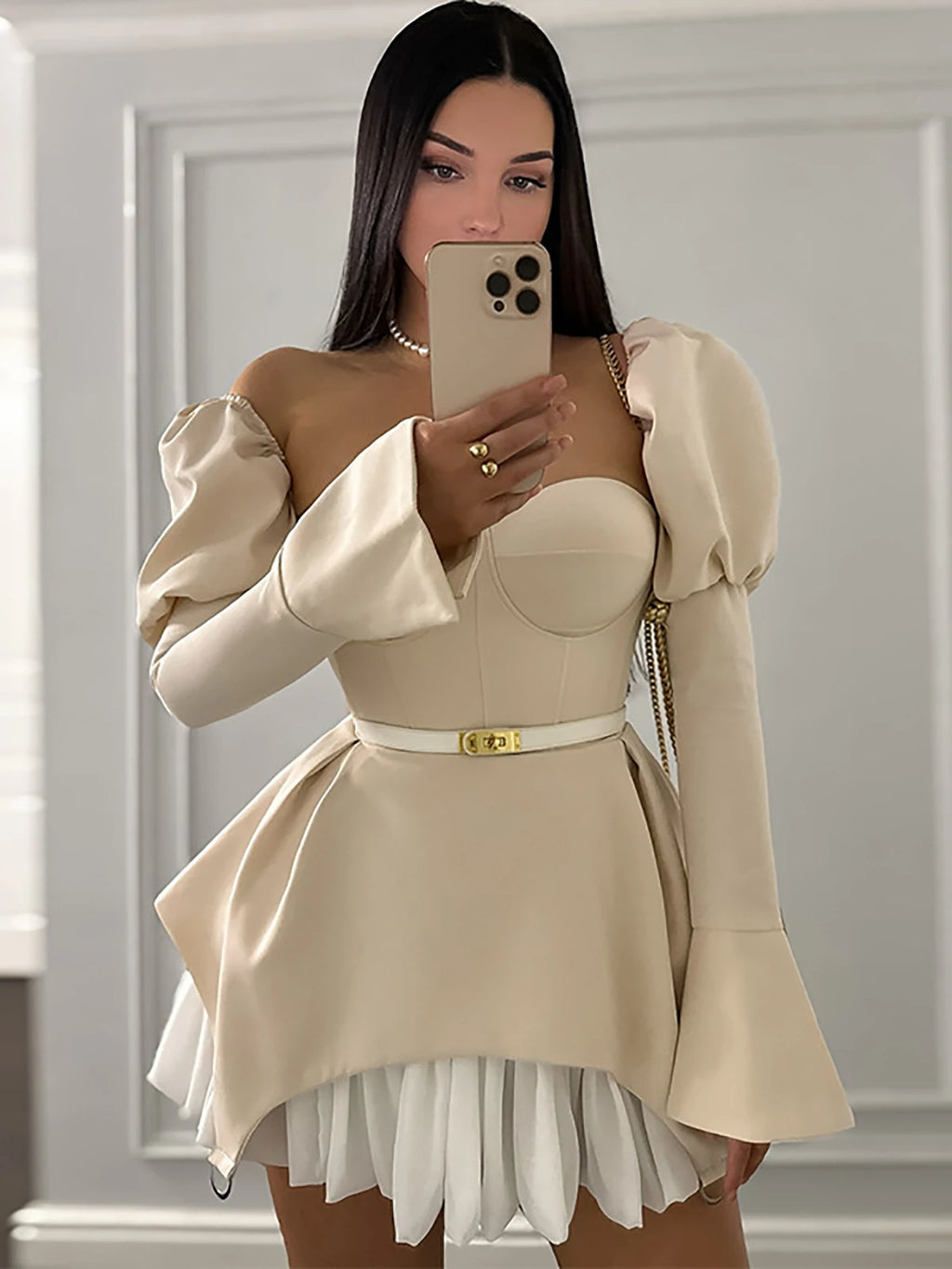 Women Corset Fashion Irregular Sexy Mini Dress Off-Shoulder Puff Trumpet Sleeves Slim Tube High Street Chic Short Dress Vestidos