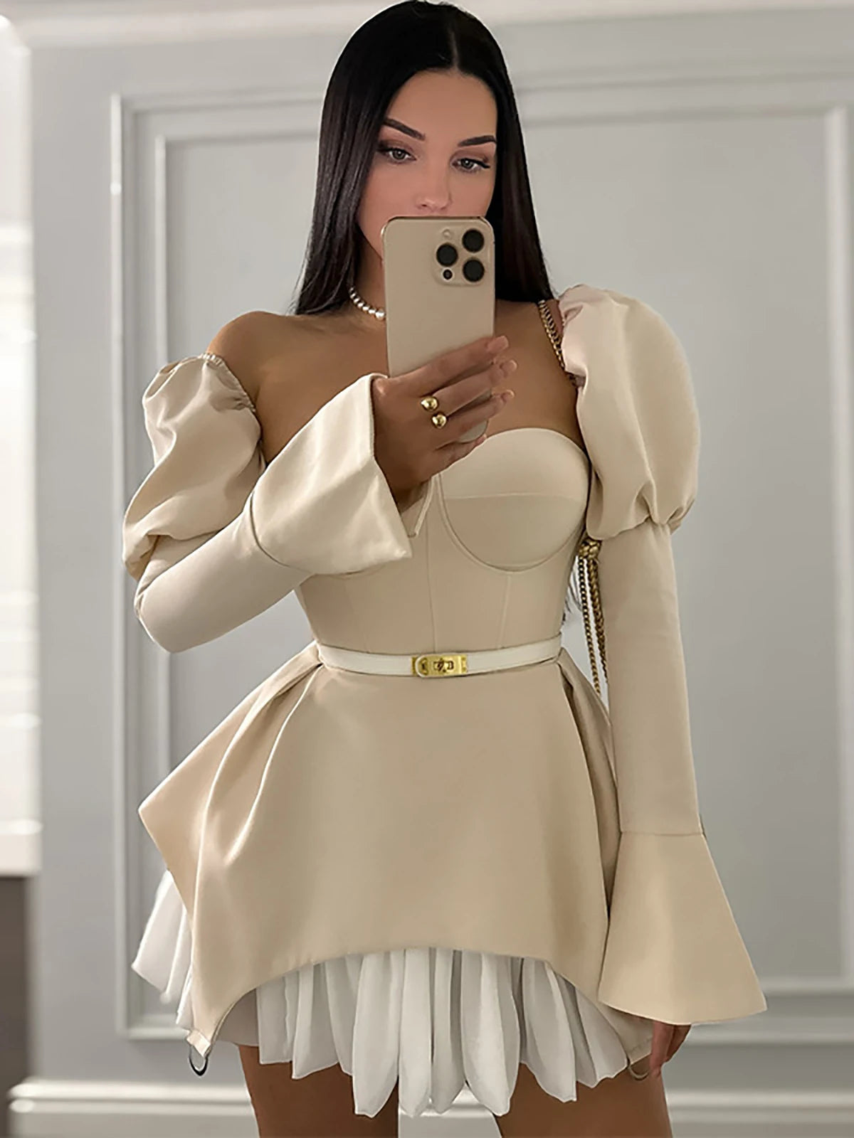 Women Corset Fashion Irregular Sexy Mini Dress Off-Shoulder Puff Trumpet Sleeves Slim Tube High Street Chic Short Dress Vestidos