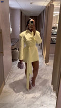 Autumn Yellow Women Suit Skirt 1 Piece Long Blazer Belted Sexy V Neck Jacket Formal Office Lady Wedding Guest Birthday Coat