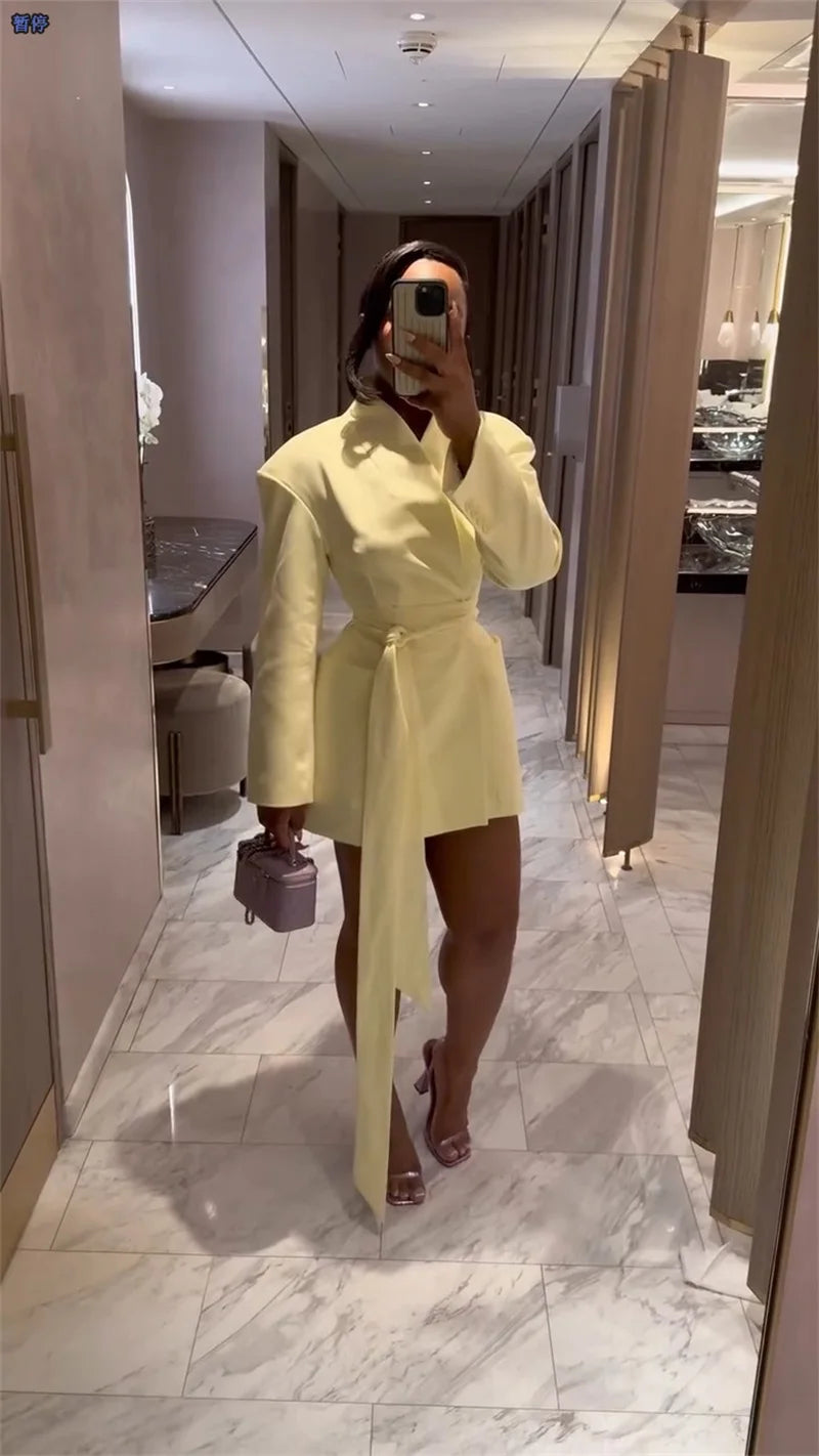 Autumn Yellow Women Suit Skirt 1 Piece Long Blazer Belted Sexy V Neck Jacket Formal Office Lady Wedding Guest Birthday Coat