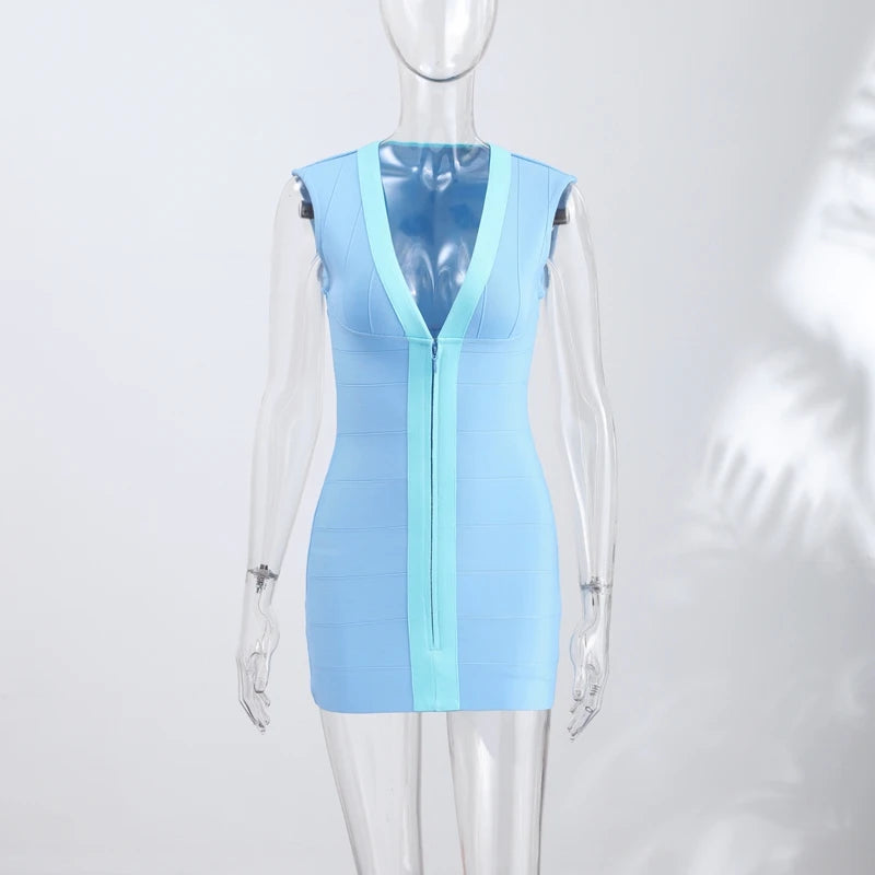 Sexy V-Neck Women's Dress Elastic Sleeveless Zippers Hip Package Lady Mini Dresses 2026 Summer Autumn Female Party Robe