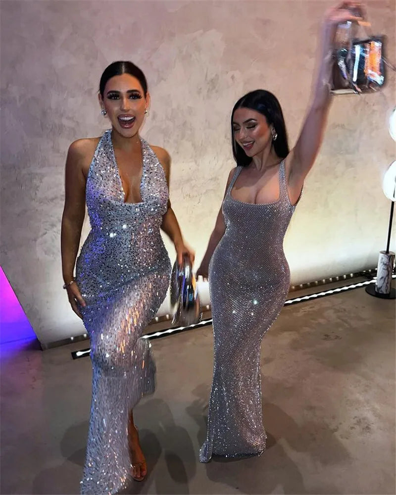 V Neck Sleeveless Glitter Long Dress