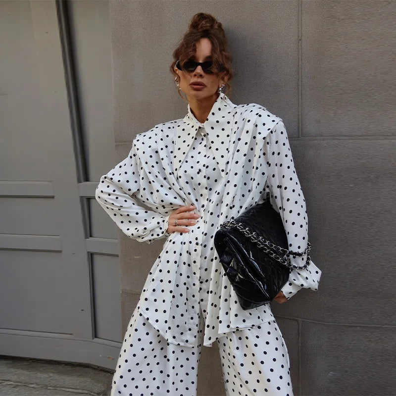 Casual Dot Shirt Pants Women Set Holidays Lapel Long Sleeve Blouse Wide Leg Pleated Trousers 2026 Spring Summer Lady Outfit