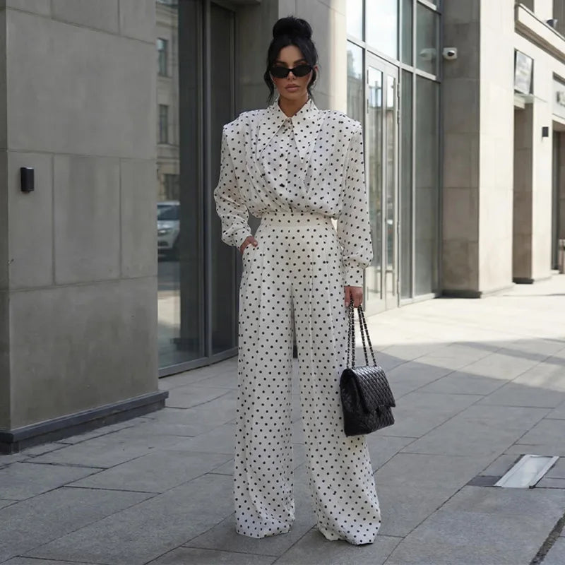 Casual Dot Shirt Pants Women Set Holidays Lapel Long Sleeve Blouse Wide Leg Pleated Trousers 2026 Spring Summer Lady Outfit