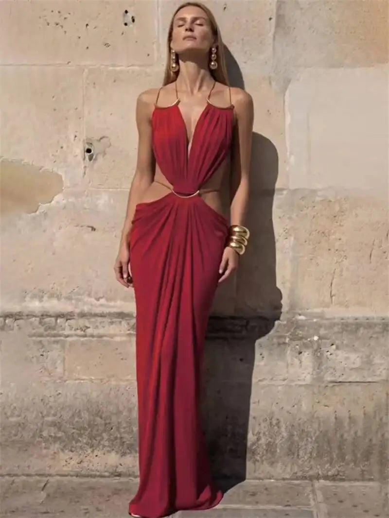 Halter Deep V Neck Maxi Dress Backless