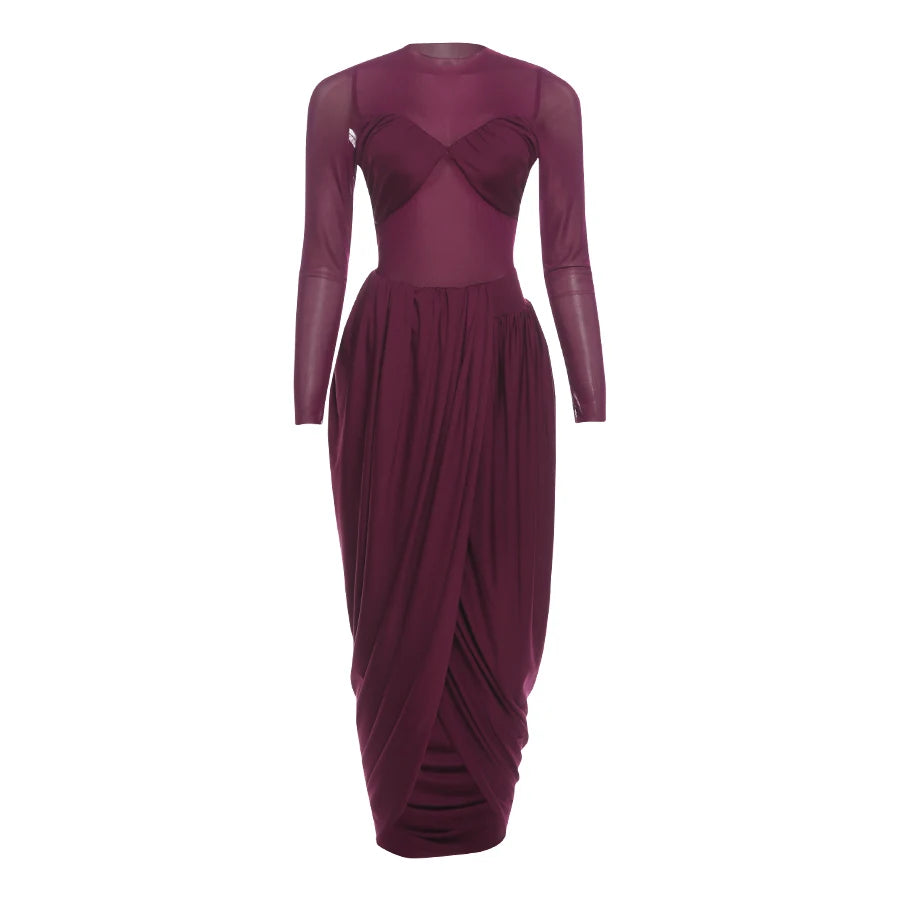 Weird Puss Wrapped Sexy Dress Women Mesh Patchwork Split Ruched Elegant Full Sleeve Trend Birthday Banquet Party Maxi Bodycon