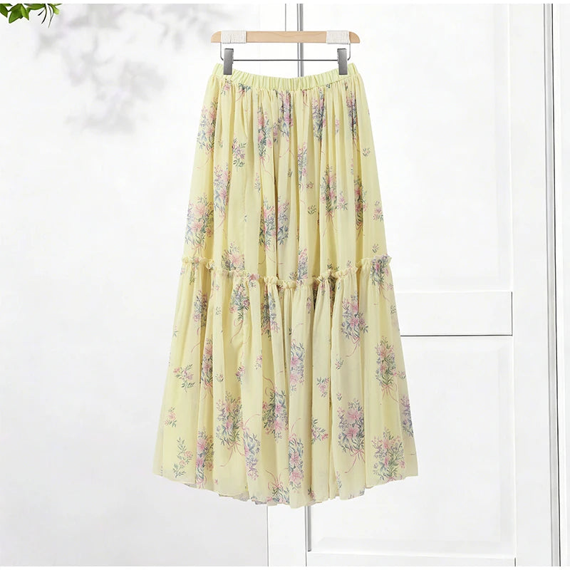 Floral Printed Women's Dress Lace Patchwork Spaghetti Strap Cami Top Female Tulle Ruffle Maxi Skirt Party Beach Dresses For Lady