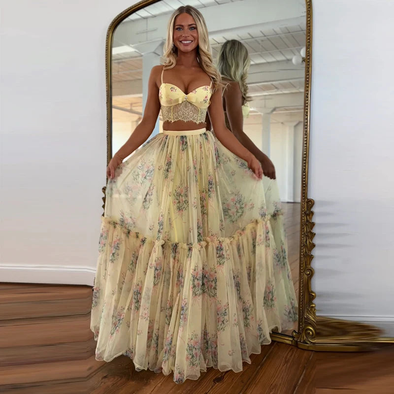 Floral Printed Women's Dress Lace Patchwork Spaghetti Strap Cami Top Female Tulle Ruffle Maxi Skirt Party Beach Dresses For Lady