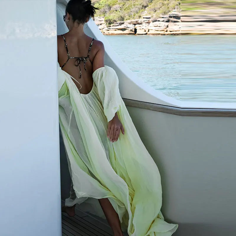 Sexy Halter Backless Party Gowns Women's Yellow Big Hem Off-shoulder Long Dresses 2026 Spring New Ladies Loose Beach Robes