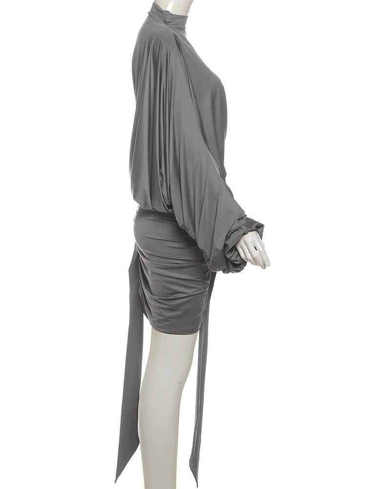 Nibber Asymmetry 2-Piece Set Women Mock Turtleneck One Sleeve Drawstringtops+Folds Tassel Irregular Hem Skirts Elegant Chic Suit