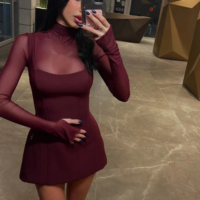 Sexy Women's Burgundy Mini Dress Luxury Turtleneck Transparent Long Sleeve A-line Short Dresses Evening Party Prom Cocktai New