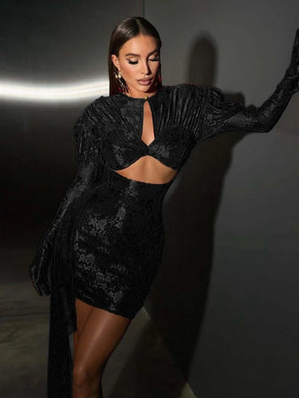 Sexy Gloves Long Sleeves Draped Mini Dress