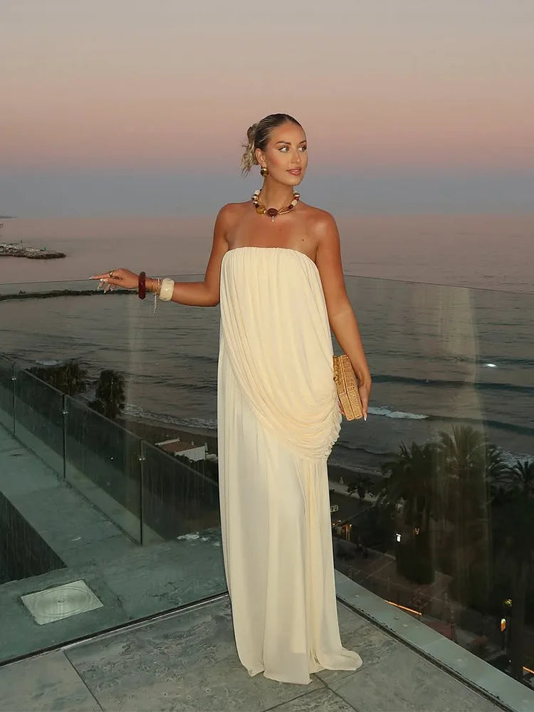 Strapless Pleated Maxi Sleeveless  Long Dresses