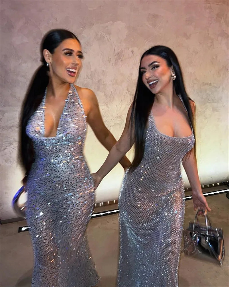 V Neck Sleeveless Glitter Long Dress