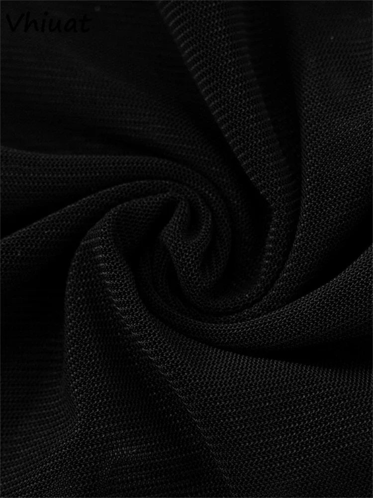 Vhiuat Sexy Cut Out Mesh Patchwork Turtleneck Long Sleeve Wrap Short Dress 2024 Party Evening Elegant Party Birthday Mini Dress