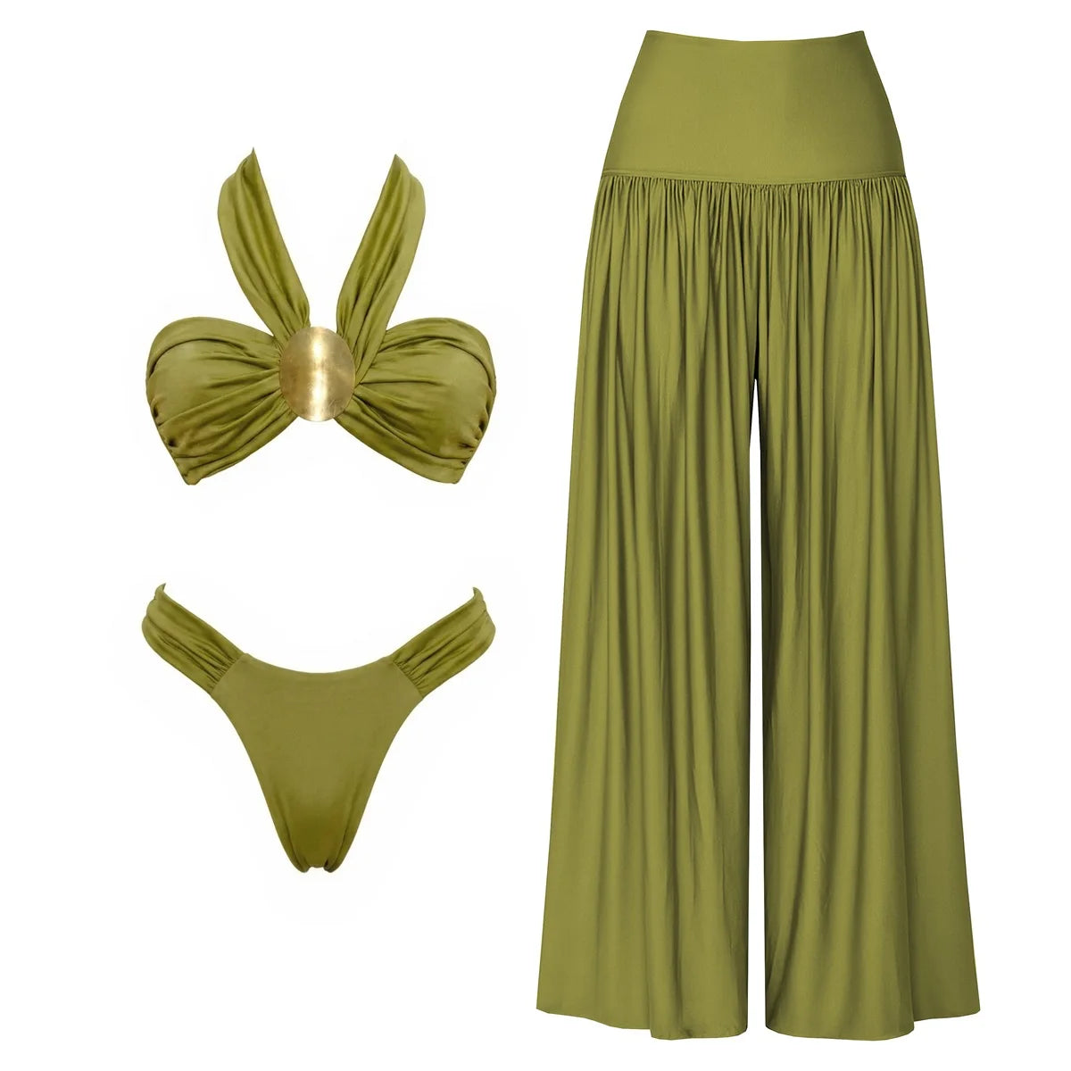 Bandeau 3Pcs Biquini Sexy Bikini Women Swimsuit Push Up Swimwear Female Strappy Bathing Suits Green Bodysuit Beachwear Swim Suit