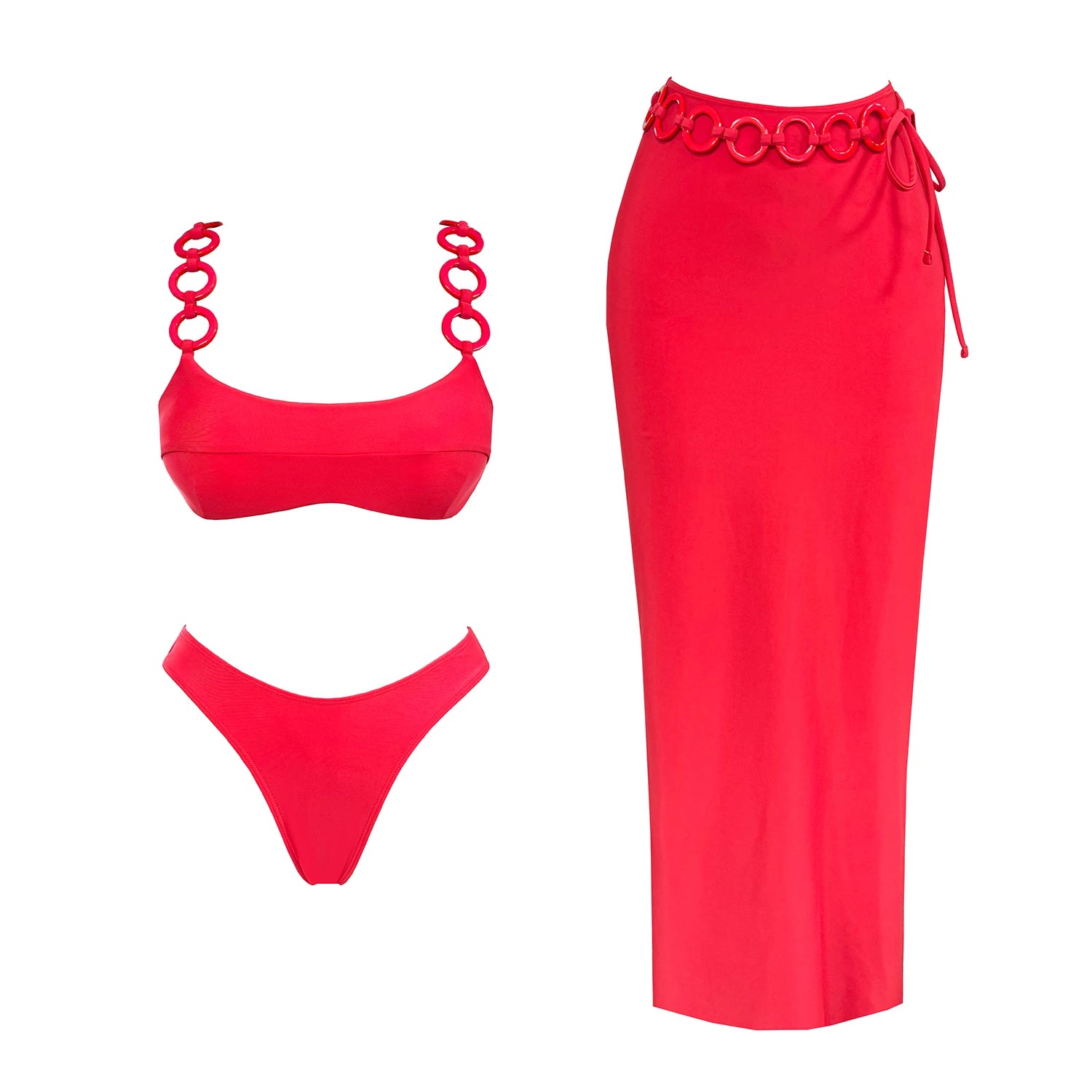2025 3Pc Push Up Bikini With Long Skirt Sexy Women Swimsuit Female Swimwear Cut Out Swimming Suit Red Biquini Bodysuit Beachwear