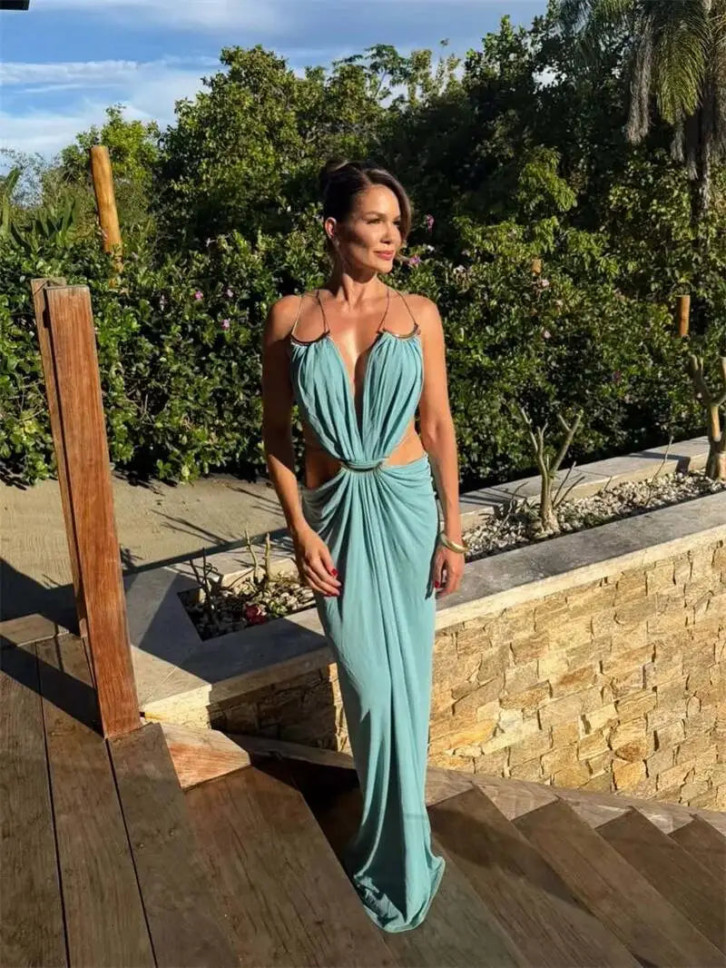 Halter Deep V Neck Maxi Dress Backless