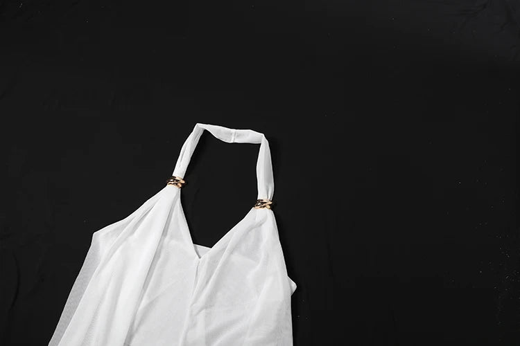Nibber Elegant Metal Trim Tank Tops Woman Mesh Patchwork Halter Low-Neck Backless Ruched Ruffles Decoration 2026 New Style Vests