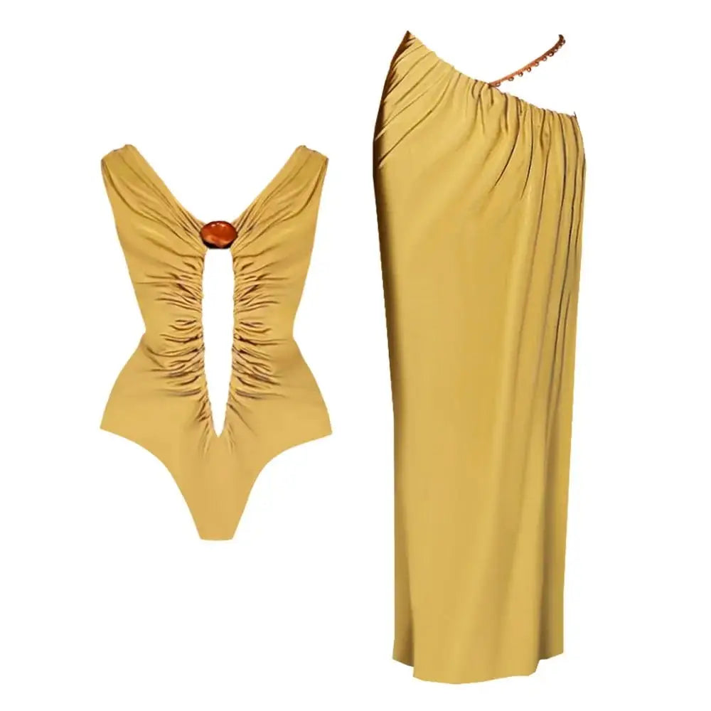 New 3Pcs Crochet Bikini With Long Skirt Sexy Swimsuit Women Swimwear Female Cut Out Biquini Swimming Suit Bodysuit Beachwear