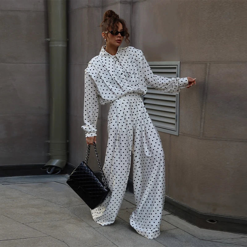 Casual Dot Shirt Pants Women Set Holidays Lapel Long Sleeve Blouse Wide Leg Pleated Trousers 2026 Spring Summer Lady Outfit