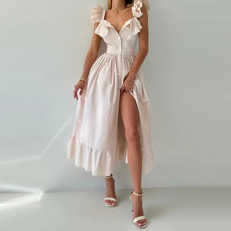 Elegant Striped Ruffled Women's Long Dress Square-Neck Single Breasted Flying Sleeve Dresses 2026 Summer Lady Party Beach Robes