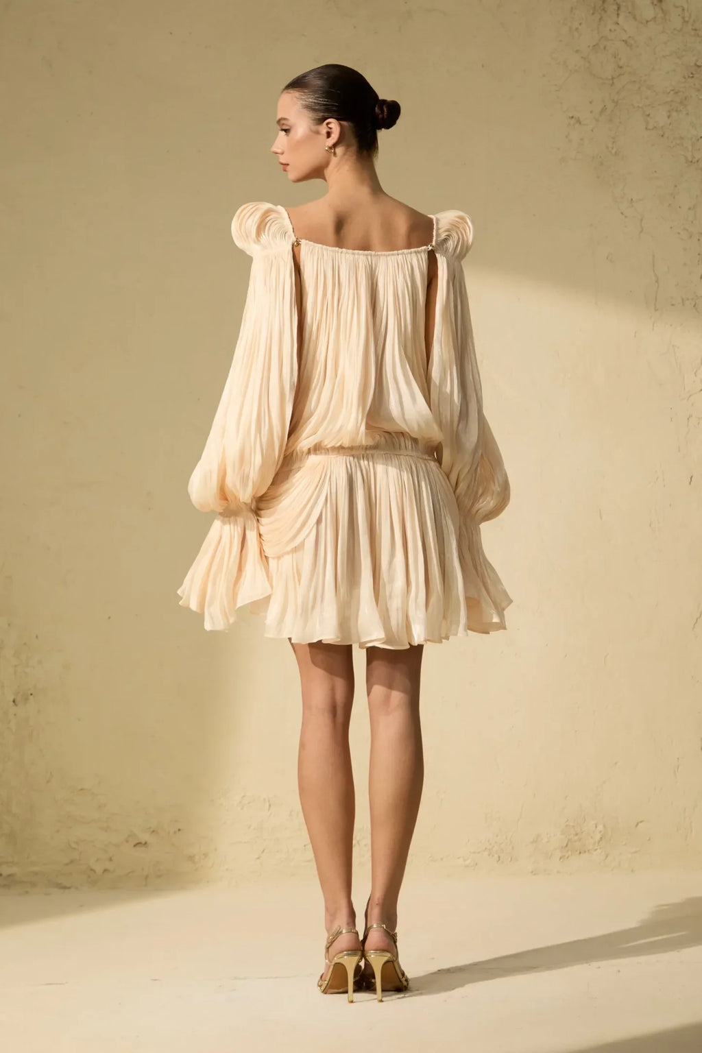 Puff Sleeve Ruched Flared Mini Dress