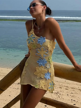 Knitted Beads Casual dress Beach 3D Flowers