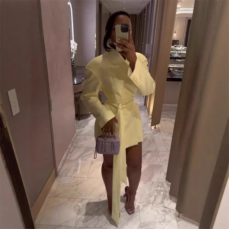 Autumn Yellow Women Suit Skirt 1 Piece Long Blazer Belted Sexy V Neck Jacket Formal Office Lady Wedding Guest Birthday Coat