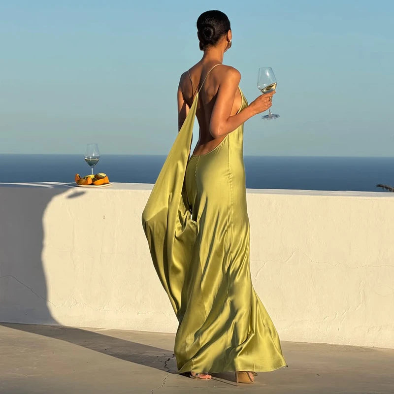 Sexy Women's Satin Solid Long Dress Swing Collar Sleeveless Backless Spaghetti Strap Slit Dresses 2026 Summer Evening Lady Robes