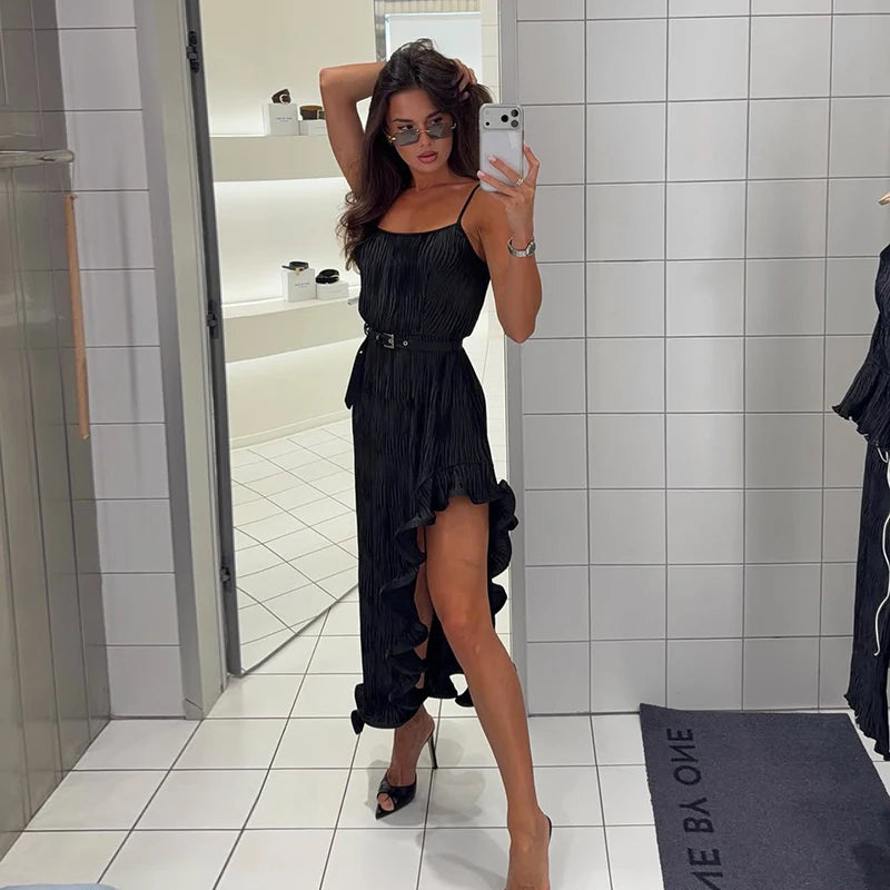 Chic Women's Belt Ruffles Long Dress Asymmetric Square Collar Sleeveless Backless Pleated Dresses 2026 Summer Lady Beach Robes