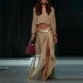 Sexy Women's Solid Top Long Skirt Set V-neck Batwing Full Sleeve Cross Crop Tops Chain Slit Skirts 2026 Summer Lady Beach Suit