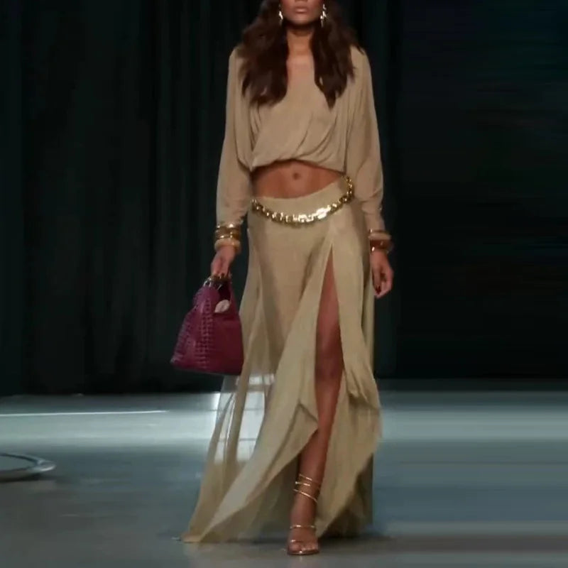 Sexy Women's Solid Top Long Skirt Set V-neck Batwing Full Sleeve Cross Crop Tops Chain Slit Skirts 2026 Summer Lady Beach Suit