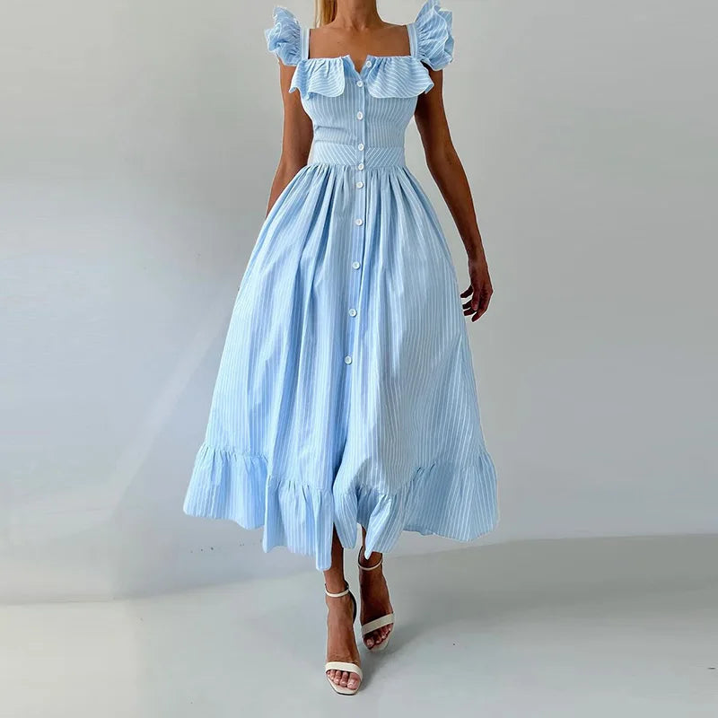 Elegant Striped Ruffled Women's Long Dress Square-Neck Single Breasted Flying Sleeve Dresses 2026 Summer Lady Party Beach Robes