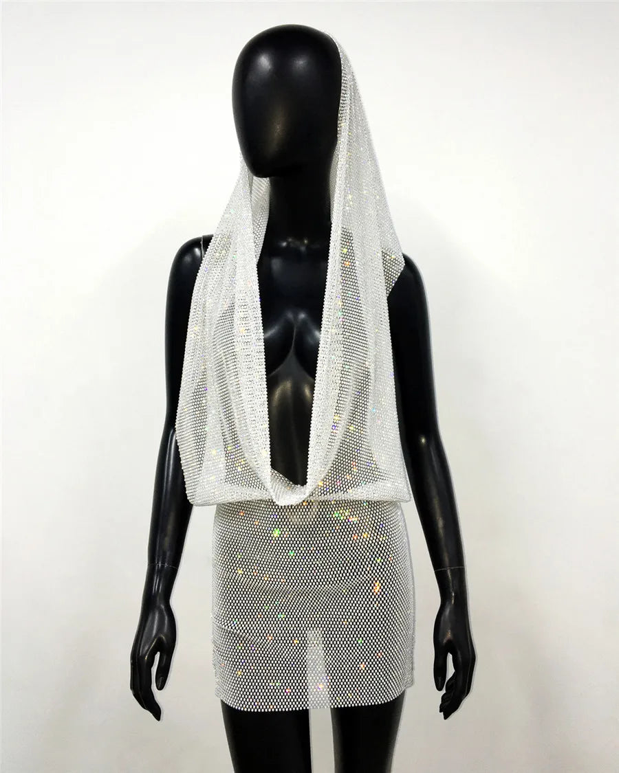 See Through Mesh Dress Shiny Rhinestone