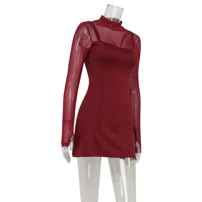 Sexy Women's Burgundy Mini Dress Luxury Turtleneck Transparent Long Sleeve A-line Short Dresses Evening Party Prom Cocktai New