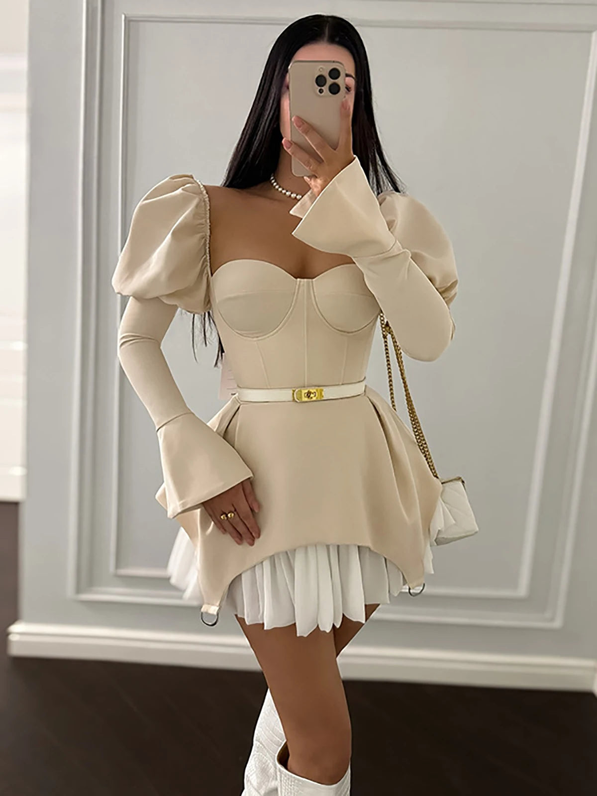 Women Corset Fashion Irregular Sexy Mini Dress Off-Shoulder Puff Trumpet Sleeves Slim Tube High Street Chic Short Dress Vestidos